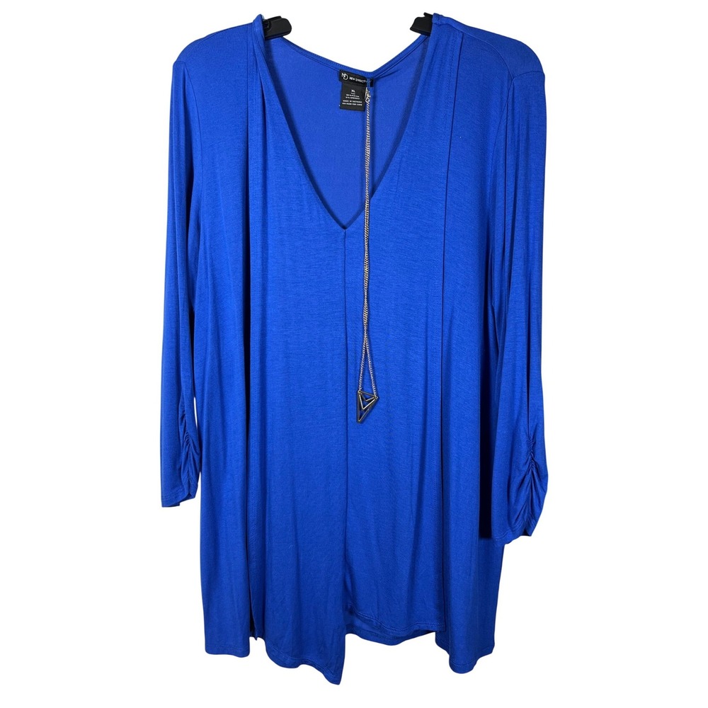New Direction Royal Blue V-Neck Tunic Top‎ XL 3/4 Sleeve with Necklace Accessory